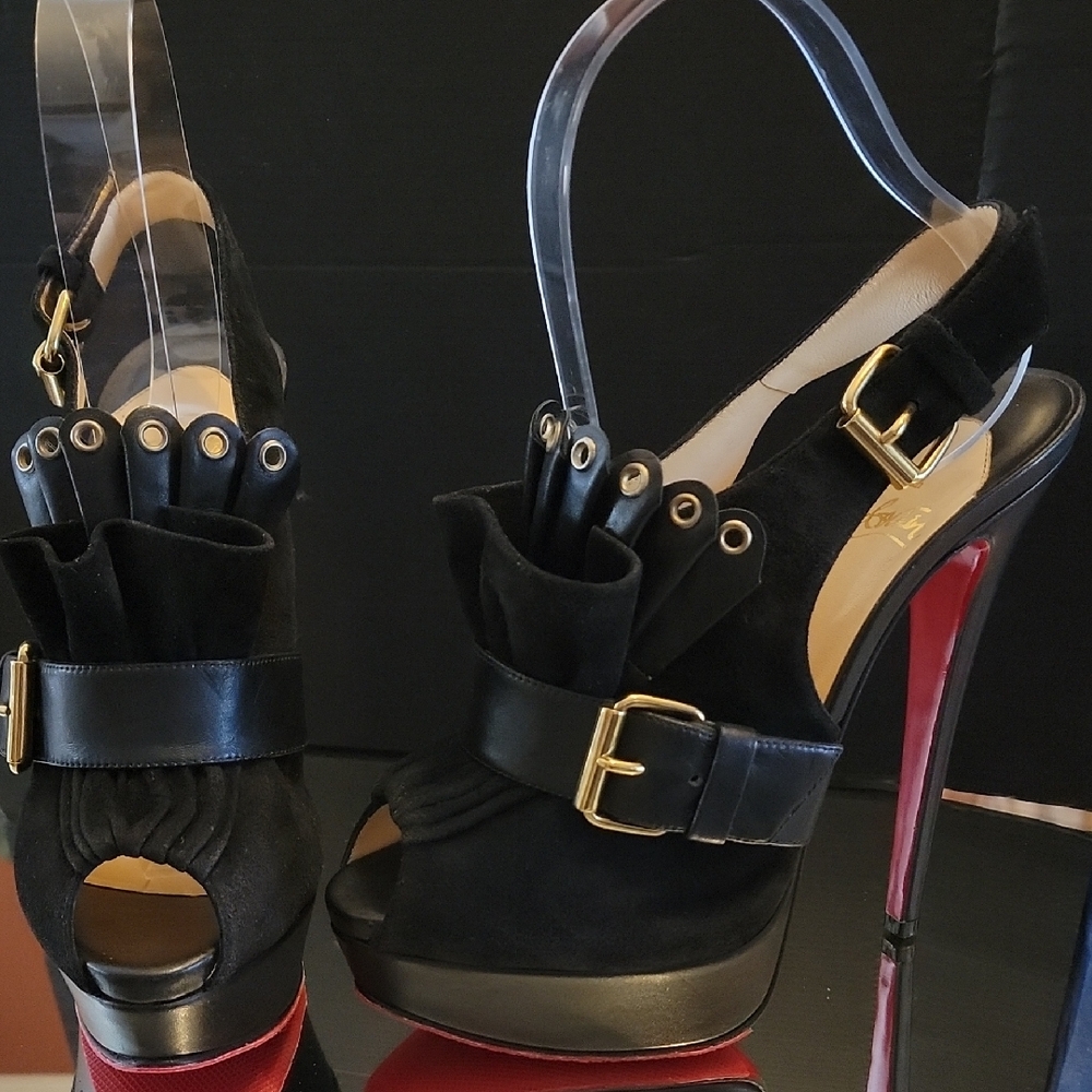 Christian Louboutin Black Jem, Leather And Suede Peep-Toe Heels